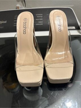 Boohoo Beige Clear Strap Platform Mules